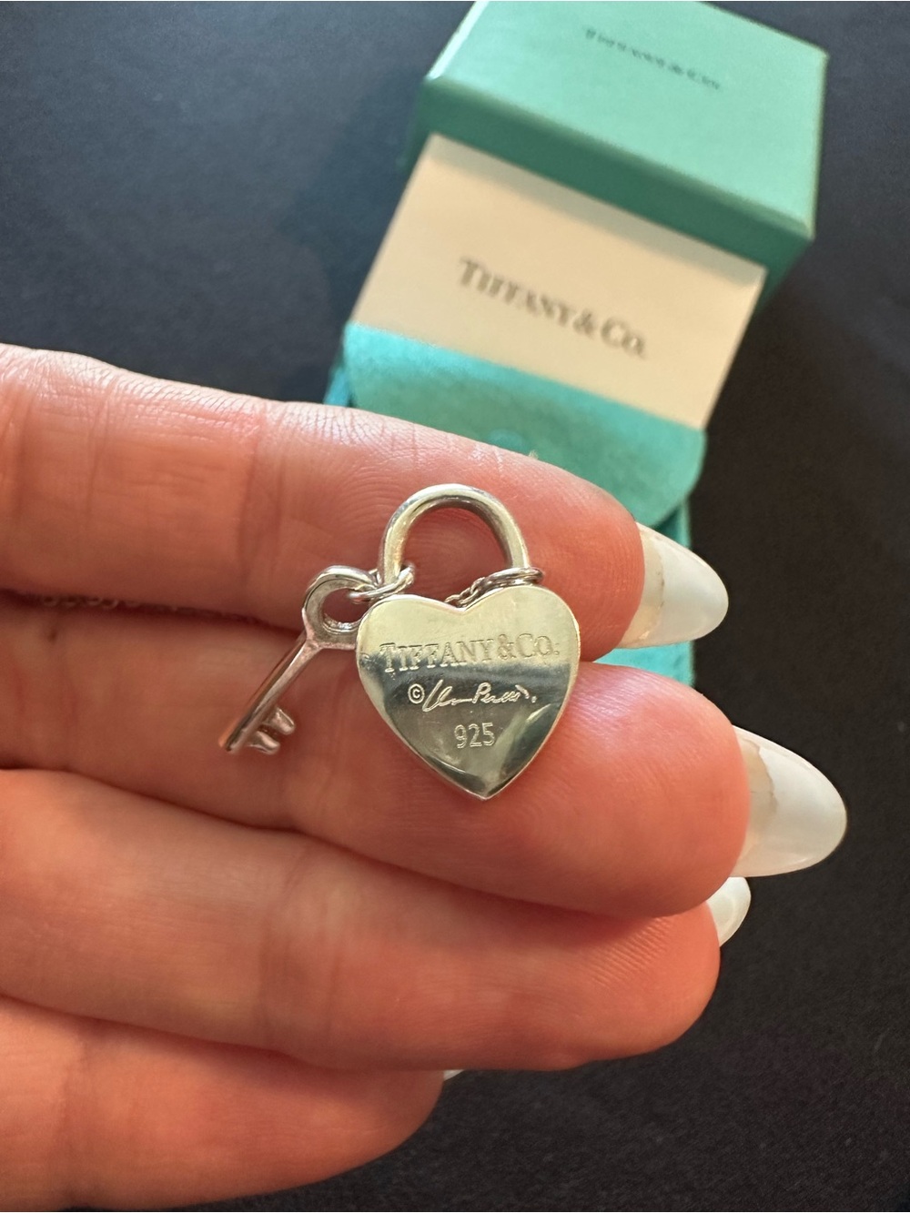 Tiffany & Co. Sterling Silver Heart Padlock and Key Charm with Blue Box
